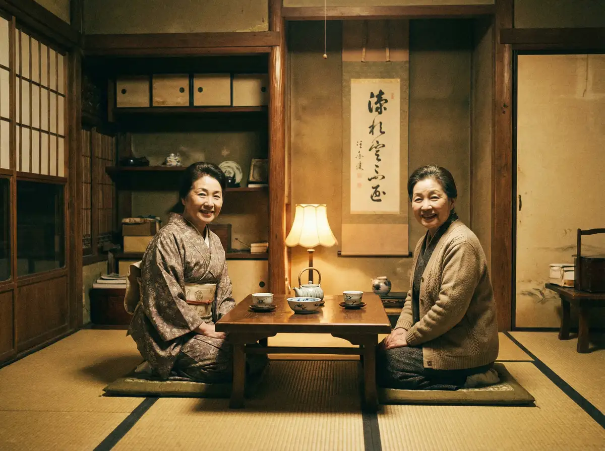 两位优雅的 飘花电影院午夜伦天堂 在日式茶室中品茶交谈